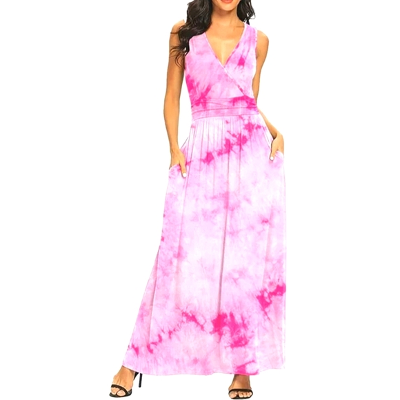 LILBETTER White Pink Tie Dye Surplice V-Neck Sleeveless Maxi Dress M Summer Boho - Picture 1 of 15